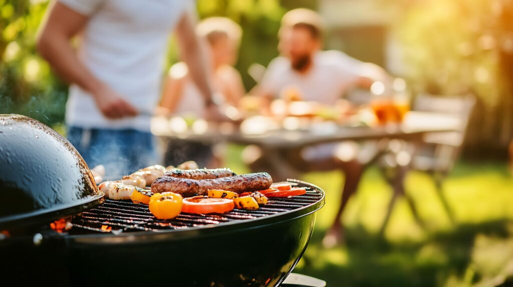 Familie grillt Würstchen und Gemüse im Freien