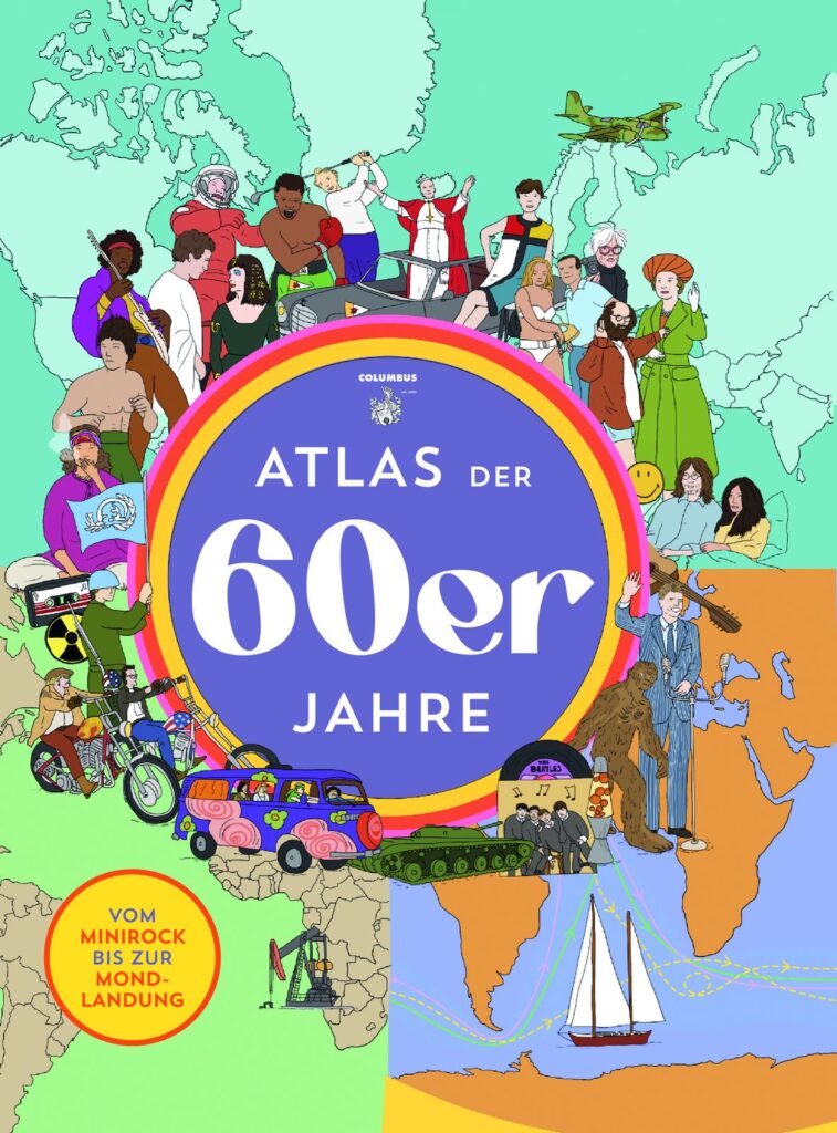 Buchcover des Atlas der 60er Jahre mit bunten Illustrationen und Titel.
